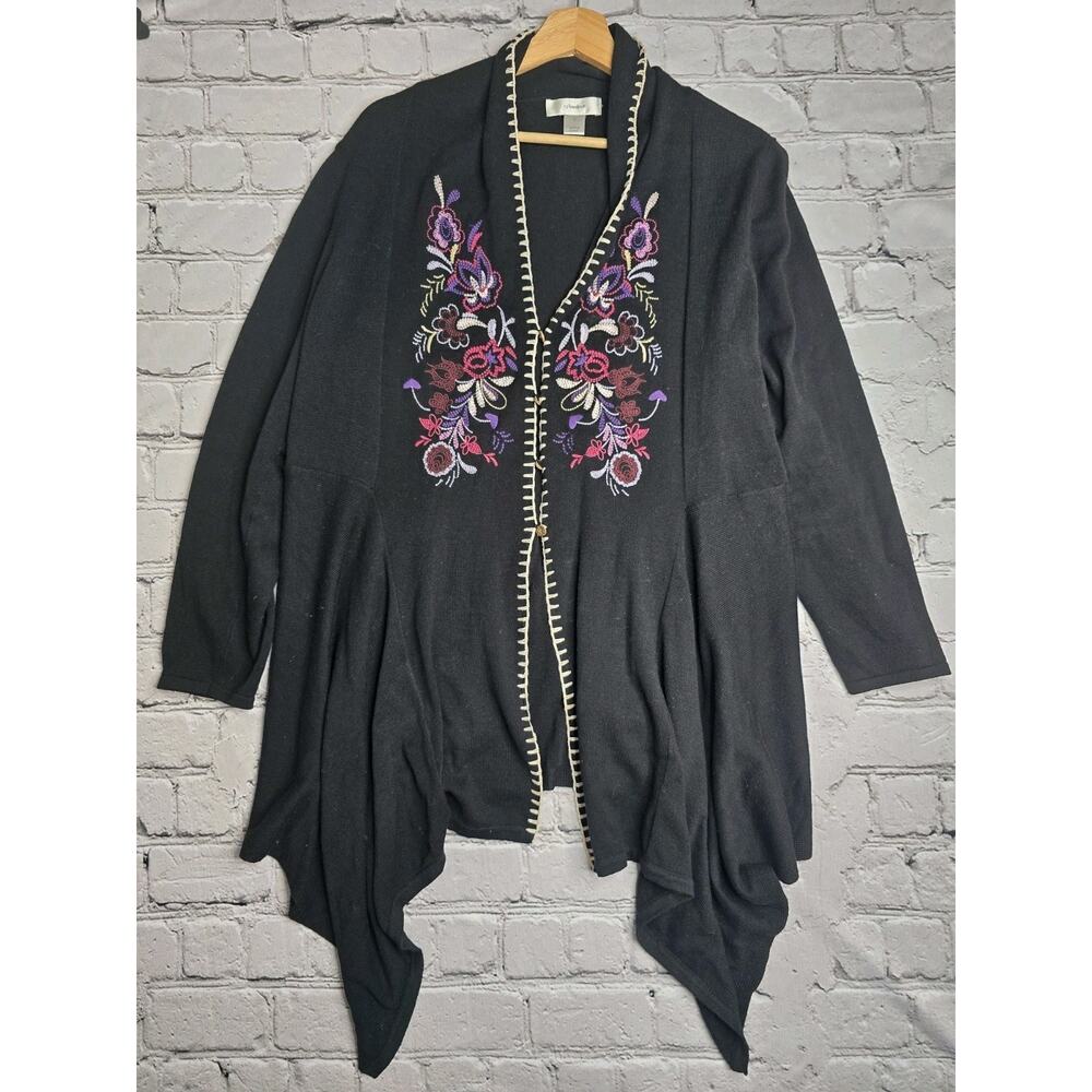 CJ‎ Banks Dark Floral Stitch Embroidered Black Cascade V-Neck Cardigan Size X